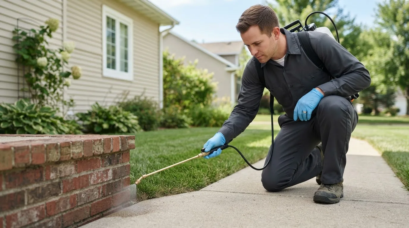 Pest control technician treating a home near Detroit, ME
